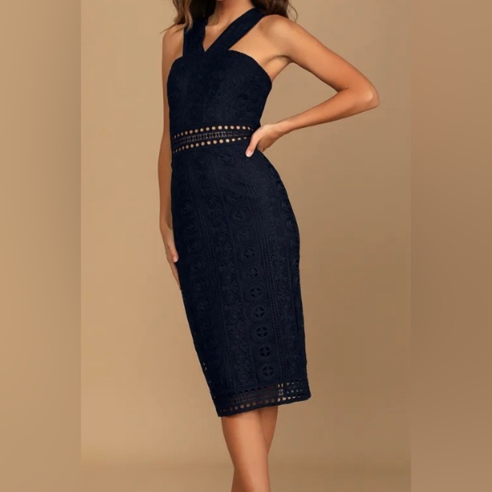 Lulus Cocktail Ready Navy Blue Crochet Dress, Size L